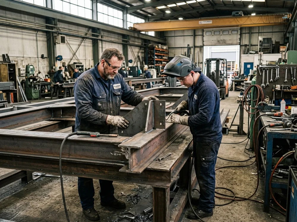 Industrial workshop operators assembling and aligning structural steel beams and plates